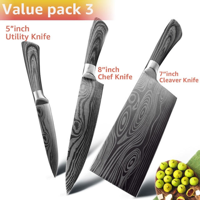 Kitchen Knife 5 7 8 inch 7Cr17 440C Stainless Steel Utility Cleaver Chef Knife Damascus Drawing Meat Santoku Cooking Tool Set