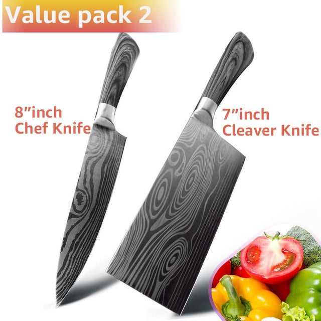 Kitchen Knife 5 7 8 inch 7Cr17 440C Stainless Steel Utility Cleaver Chef Knife Damascus Drawing Meat Santoku Cooking Tool Set