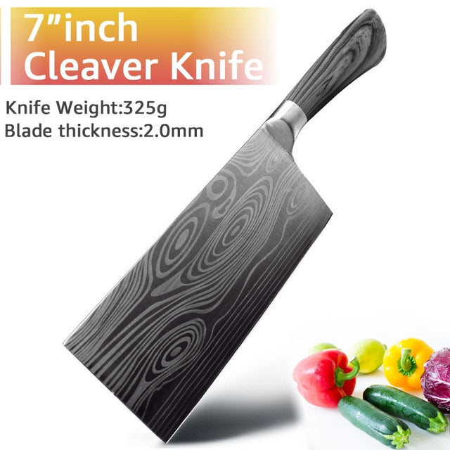 Kitchen Knife 5 7 8 inch 7Cr17 440C Stainless Steel Utility Cleaver Chef Knife Damascus Drawing Meat Santoku Cooking Tool Set