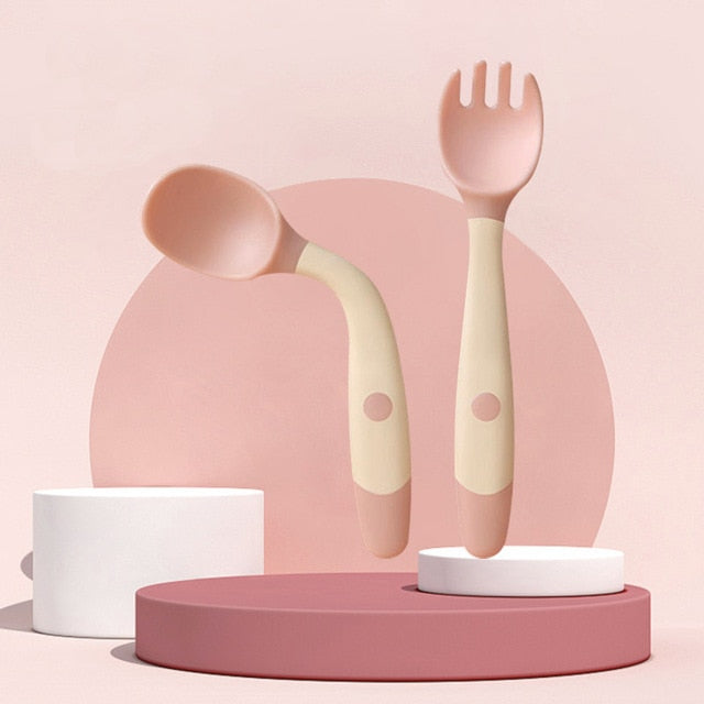 Cuillère en Silicone pour bébé, ensemble d'ustensiles, nourriture auxiliaire, apprendre à manger, formation, fourchette souple pliable, vaisselle pour nourrissons et enfants