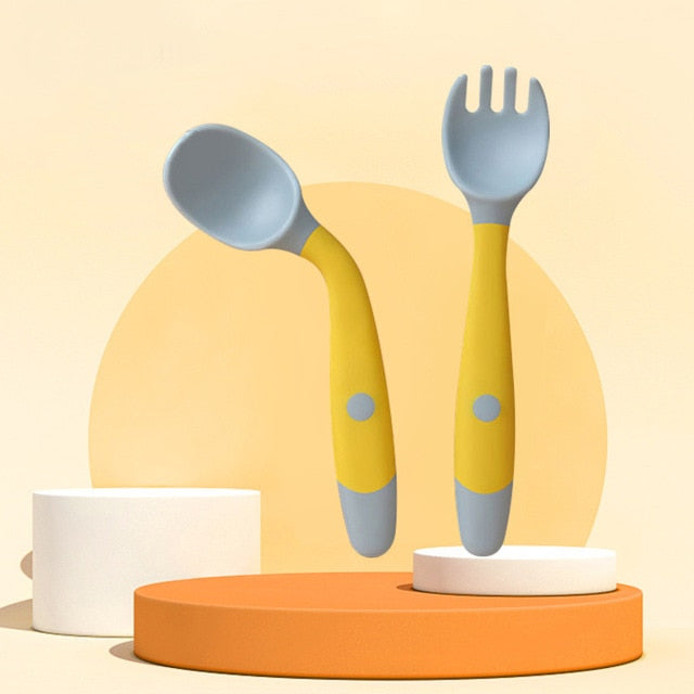 Cuillère en Silicone pour bébé, ensemble d'ustensiles, nourriture auxiliaire, apprendre à manger, formation, fourchette souple pliable, vaisselle pour nourrissons et enfants