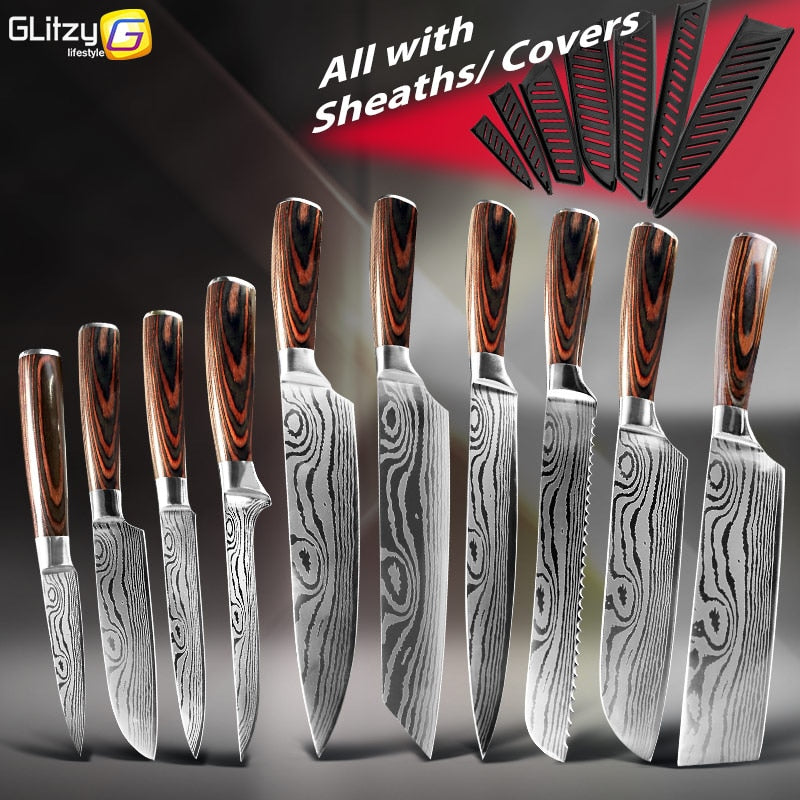 Kitchen Knife 1- 10Pcs Set Chef Japanese 7CR17 440C Stainless Steel Damascus Drawing Gyuto Meat Cleaver Slicer Santoku Cook Tool