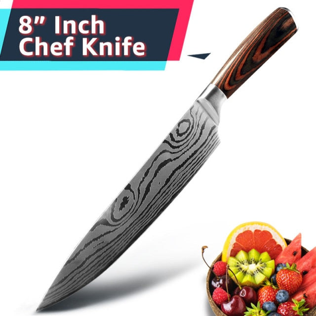 Ensemble de couteaux de cuisine, Chef japonais 7CR17 440C en acier inoxydable, damas dessin Gyuto trancheur de viande, outil de cuisine Santoku 1 à 10 pièces