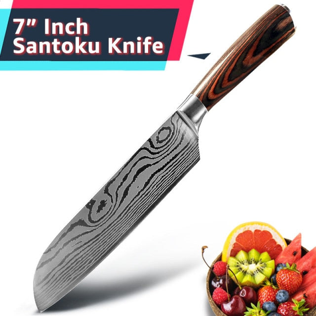 厨刀 1- 10 件套 Chef Japanese 7CR17 440C 不锈钢大马士革绘图 Gyuto 切肉刀切片器 Santoku 烹饪工具