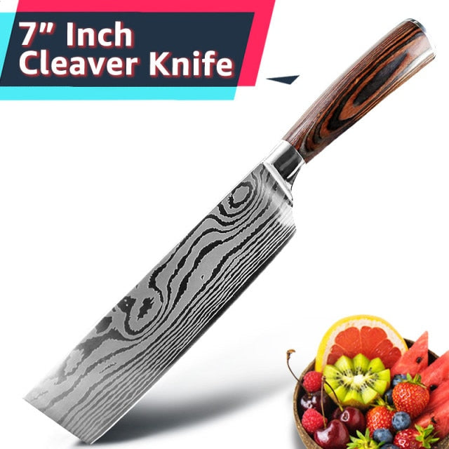 Kitchen Knife 1- 10Pcs Set Chef Japanese 7CR17 440C Stainless Steel Damascus Drawing Gyuto Meat Cleaver Slicer Santoku Cook Tool