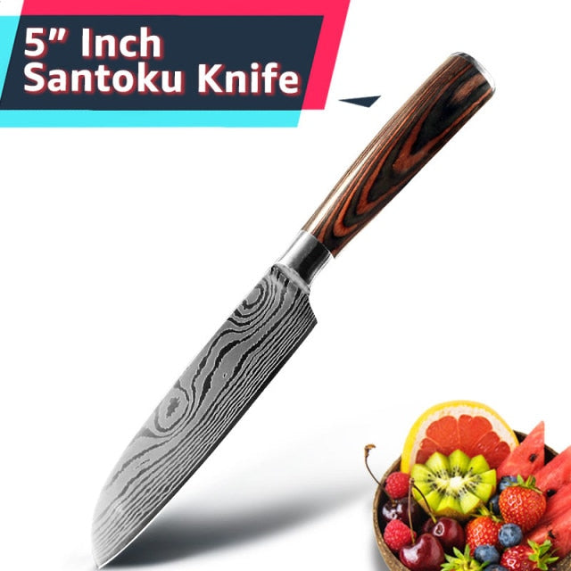 厨刀 1- 10 件套 Chef Japanese 7CR17 440C 不锈钢大马士革绘图 Gyuto 切肉刀切片器 Santoku 烹饪工具