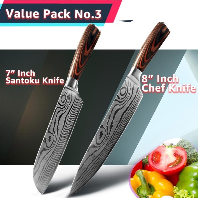 Kitchen Knife 1- 10Pcs Set Chef Japanese 7CR17 440C Stainless Steel Damascus Drawing Gyuto Meat Cleaver Slicer Santoku Cook Tool