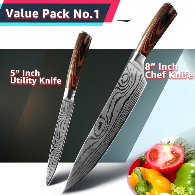 Kitchen Knife 1- 10Pcs Set Chef Japanese 7CR17 440C Stainless Steel Damascus Drawing Gyuto Meat Cleaver Slicer Santoku Cook Tool