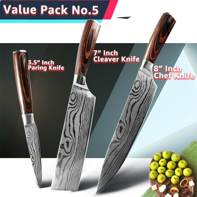 Kitchen Knife 1- 10Pcs Set Chef Japanese 7CR17 440C Stainless Steel Damascus Drawing Gyuto Meat Cleaver Slicer Santoku Cook Tool