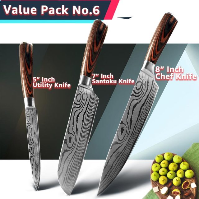 Kitchen Knife 1- 10Pcs Set Chef Japanese 7CR17 440C Stainless Steel Damascus Drawing Gyuto Meat Cleaver Slicer Santoku Cook Tool