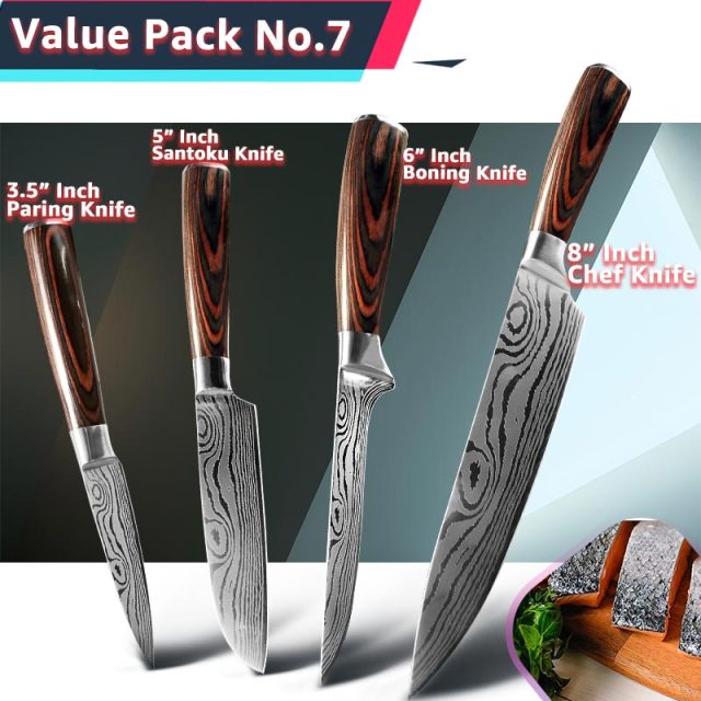 Kitchen Knife 1- 10Pcs Set Chef Japanese 7CR17 440C Stainless Steel Damascus Drawing Gyuto Meat Cleaver Slicer Santoku Cook Tool