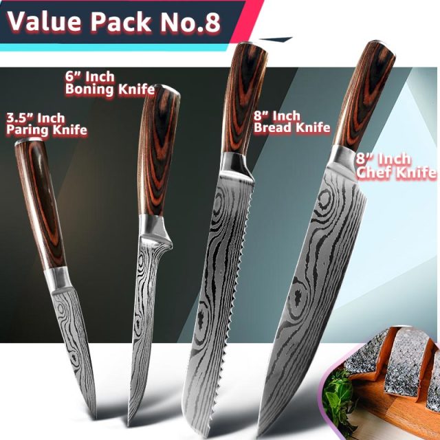 Kitchen Knife 1- 10Pcs Set Chef Japanese 7CR17 440C Stainless Steel Damascus Drawing Gyuto Meat Cleaver Slicer Santoku Cook Tool