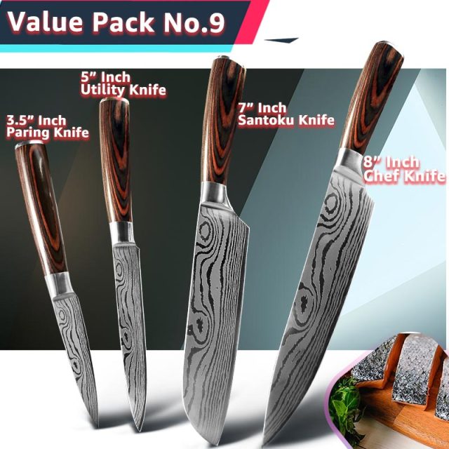 Kitchen Knife 1- 10Pcs Set Chef Japanese 7CR17 440C Stainless Steel Damascus Drawing Gyuto Meat Cleaver Slicer Santoku Cook Tool