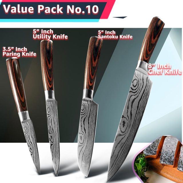 Kitchen Knife 1- 10Pcs Set Chef Japanese 7CR17 440C Stainless Steel Damascus Drawing Gyuto Meat Cleaver Slicer Santoku Cook Tool