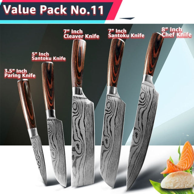 Kitchen Knife 1- 10Pcs Set Chef Japanese 7CR17 440C Stainless Steel Damascus Drawing Gyuto Meat Cleaver Slicer Santoku Cook Tool