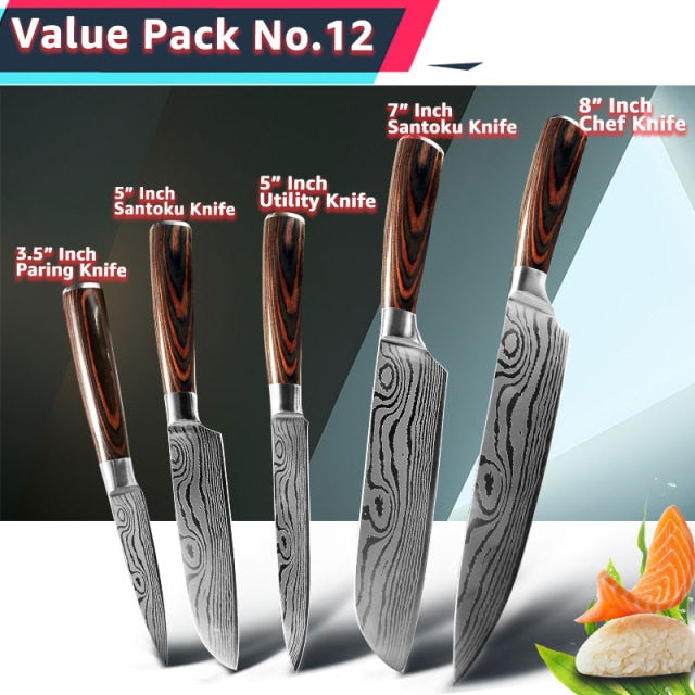 Kitchen Knife 1- 10Pcs Set Chef Japanese 7CR17 440C Stainless Steel Damascus Drawing Gyuto Meat Cleaver Slicer Santoku Cook Tool