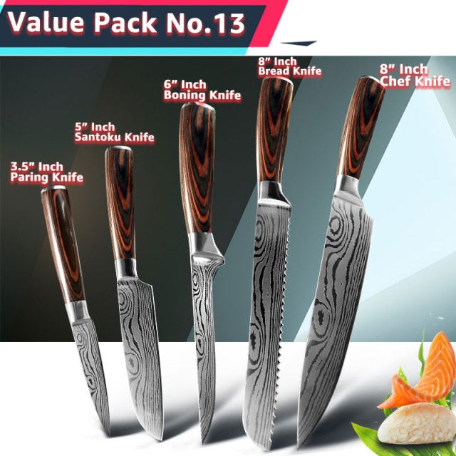 Kitchen Knife 1- 10Pcs Set Chef Japanese 7CR17 440C Stainless Steel Damascus Drawing Gyuto Meat Cleaver Slicer Santoku Cook Tool