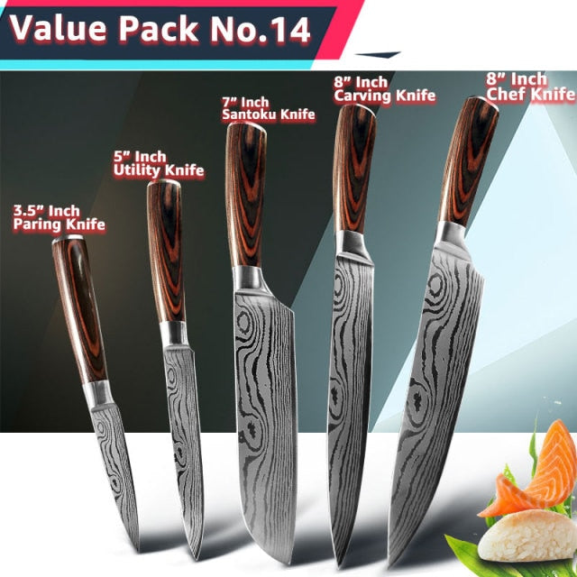 Kitchen Knife 1- 10Pcs Set Chef Japanese 7CR17 440C Stainless Steel Damascus Drawing Gyuto Meat Cleaver Slicer Santoku Cook Tool