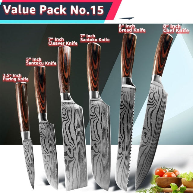 Kitchen Knife 1- 10Pcs Set Chef Japanese 7CR17 440C Stainless Steel Damascus Drawing Gyuto Meat Cleaver Slicer Santoku Cook Tool