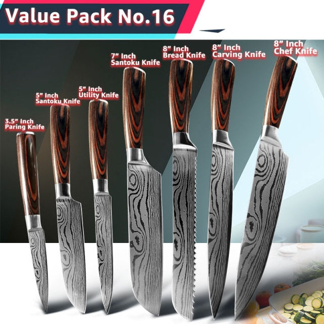 Kitchen Knife 1- 10Pcs Set Chef Japanese 7CR17 440C Stainless Steel Damascus Drawing Gyuto Meat Cleaver Slicer Santoku Cook Tool