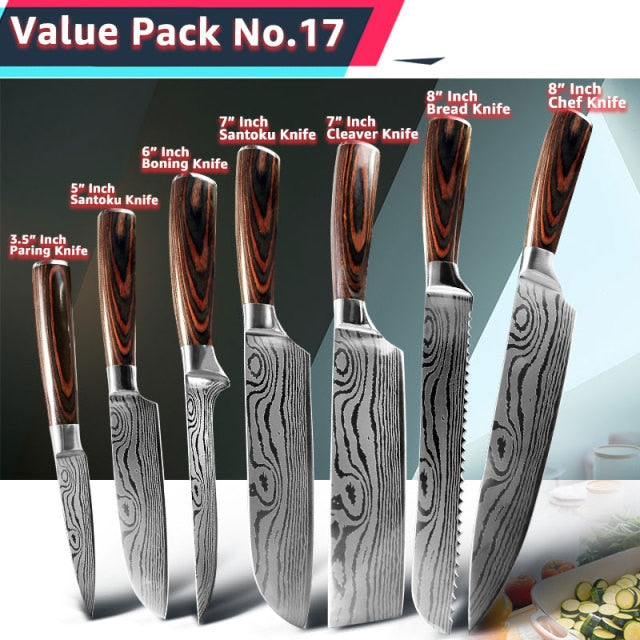 Kitchen Knife 1- 10Pcs Set Chef Japanese 7CR17 440C Stainless Steel Damascus Drawing Gyuto Meat Cleaver Slicer Santoku Cook Tool