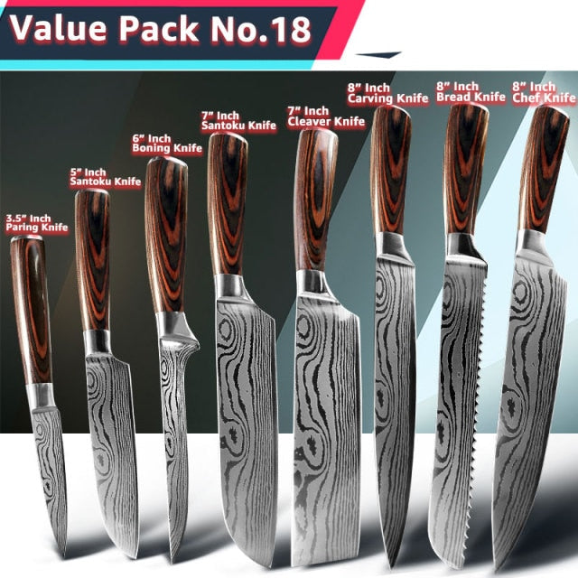 厨刀 1- 10 件套 Chef Japanese 7CR17 440C 不锈钢大马士革绘图 Gyuto 切肉刀切片器 Santoku 烹饪工具