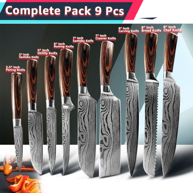 Kitchen Knife 1- 10Pcs Set Chef Japanese 7CR17 440C Stainless Steel Damascus Drawing Gyuto Meat Cleaver Slicer Santoku Cook Tool