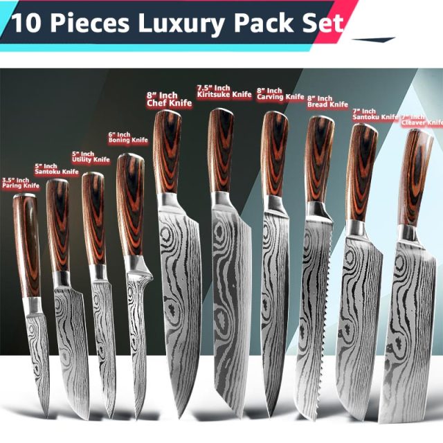 Kitchen Knife 1- 10Pcs Set Chef Japanese 7CR17 440C Stainless Steel Damascus Drawing Gyuto Meat Cleaver Slicer Santoku Cook Tool